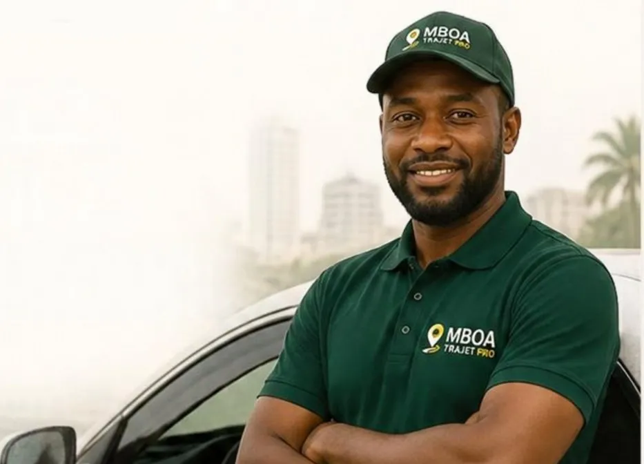 Chauffeur souriant en polo et casquette verts Mboa Trajet, appuyé sur sa voiture blanche
