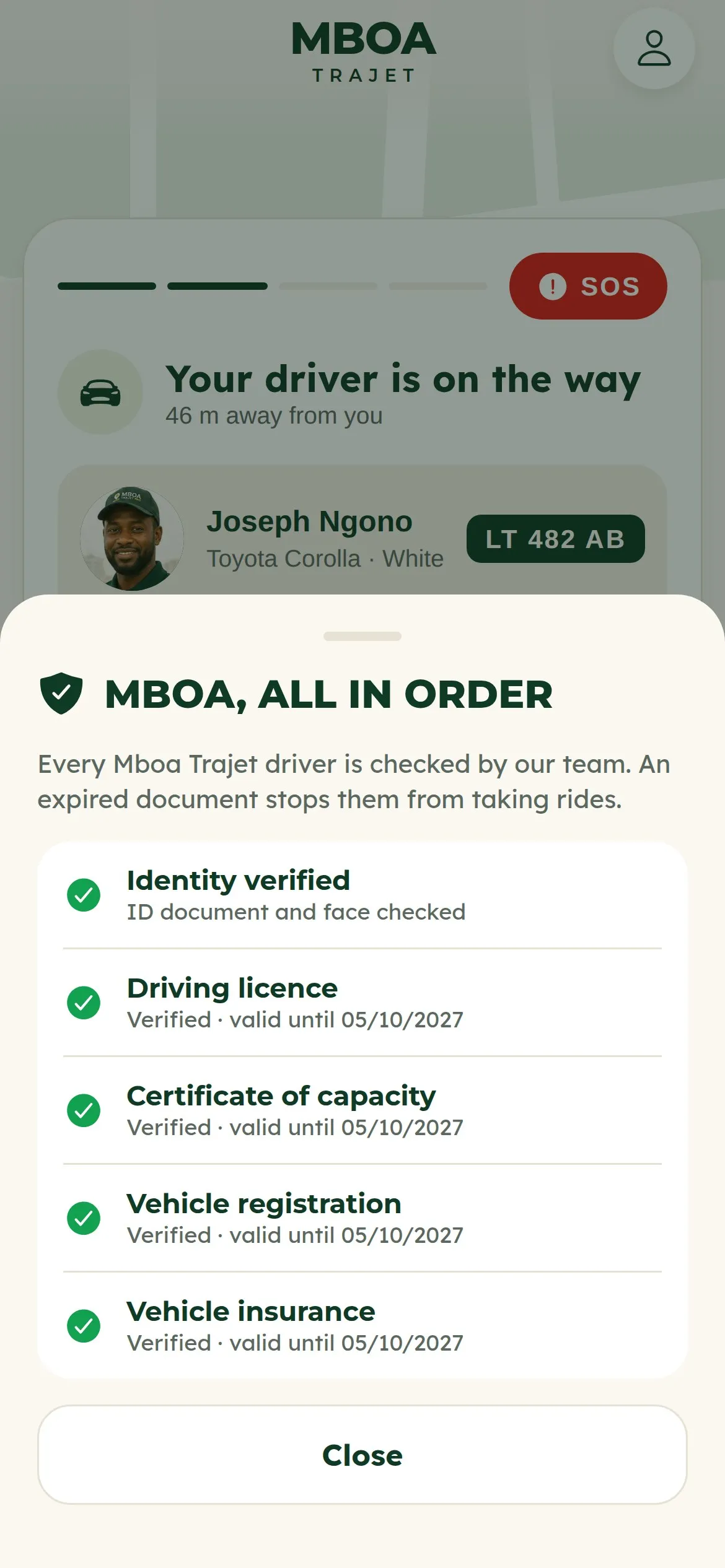 “Driver in good standing” sheet: identity, licence, registration and insurance checked, with expiry dates