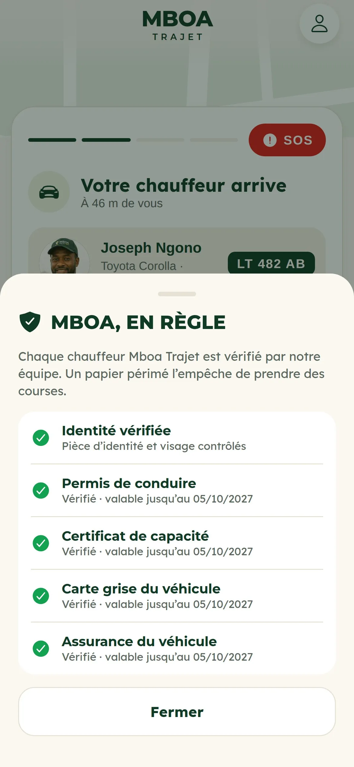Fiche « Chauffeur en règle » : identité, permis, carte grise et assurance vérifiés avec leur date de validité