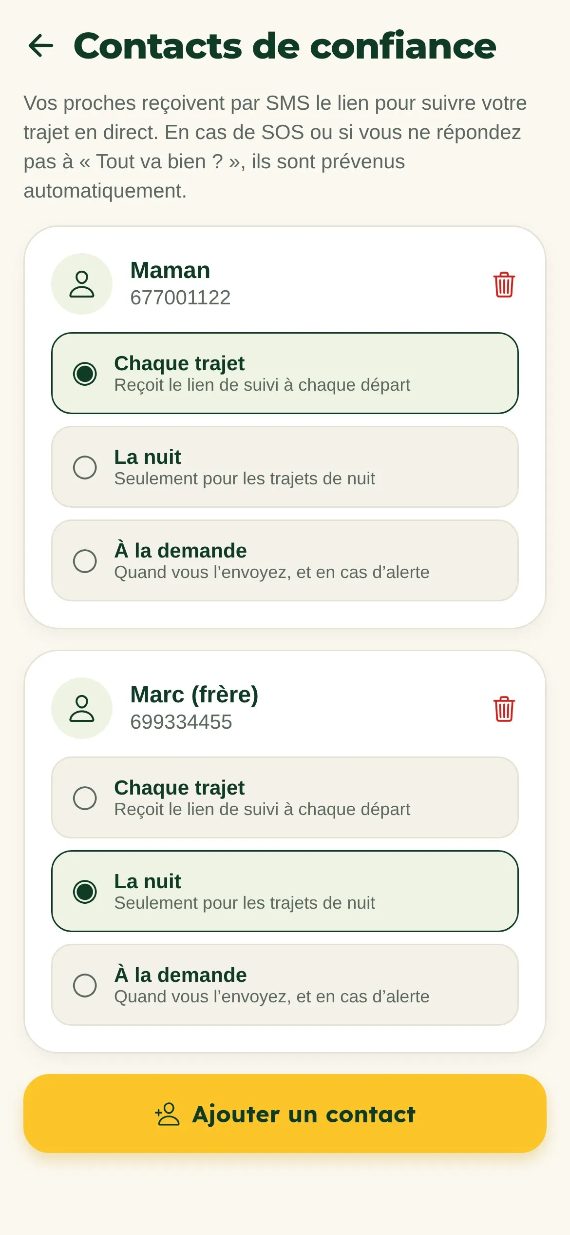 Contacts de confiance : chaque proche reçoit le lien de suivi à chaque trajet, la nuit ou à la demande