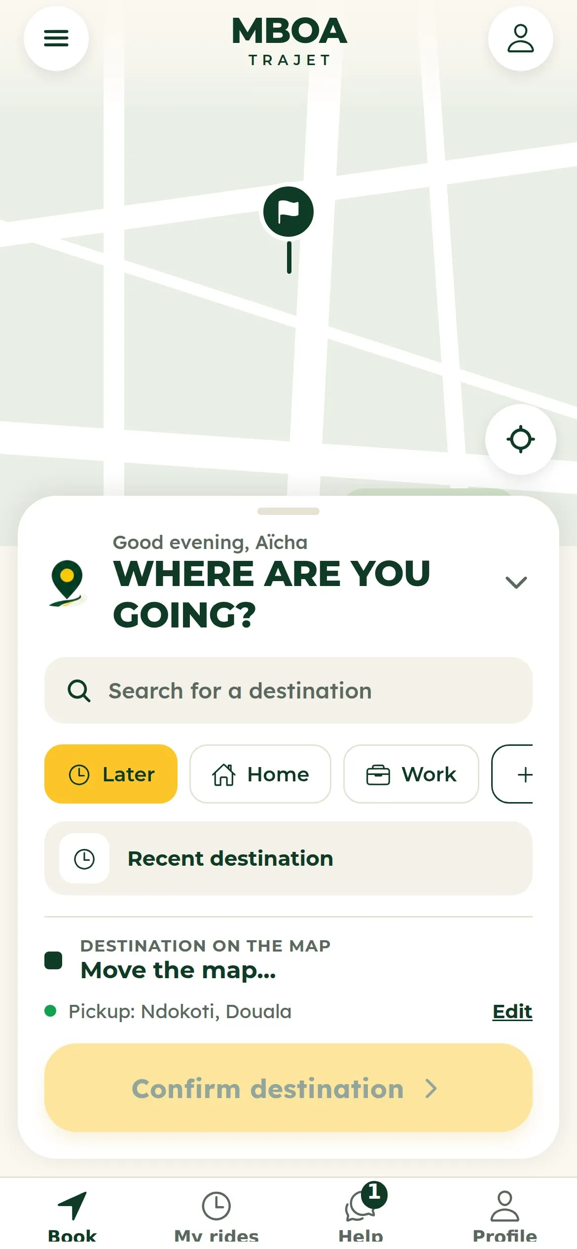 Booking screen: “Where are you going?”, pickup at Ndokoti, Home and Work shortcuts