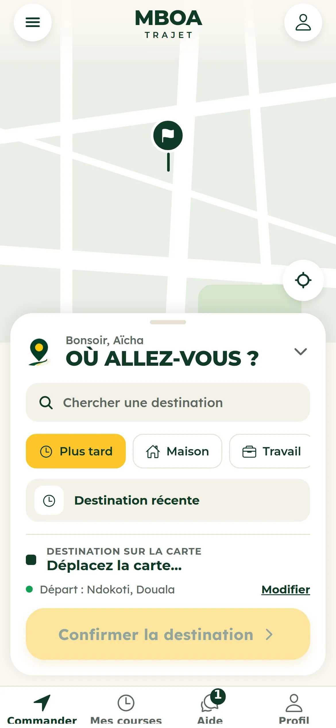 Écran de commande : « Où allez-vous ? », départ à Ndokoti, raccourcis Maison et Travail