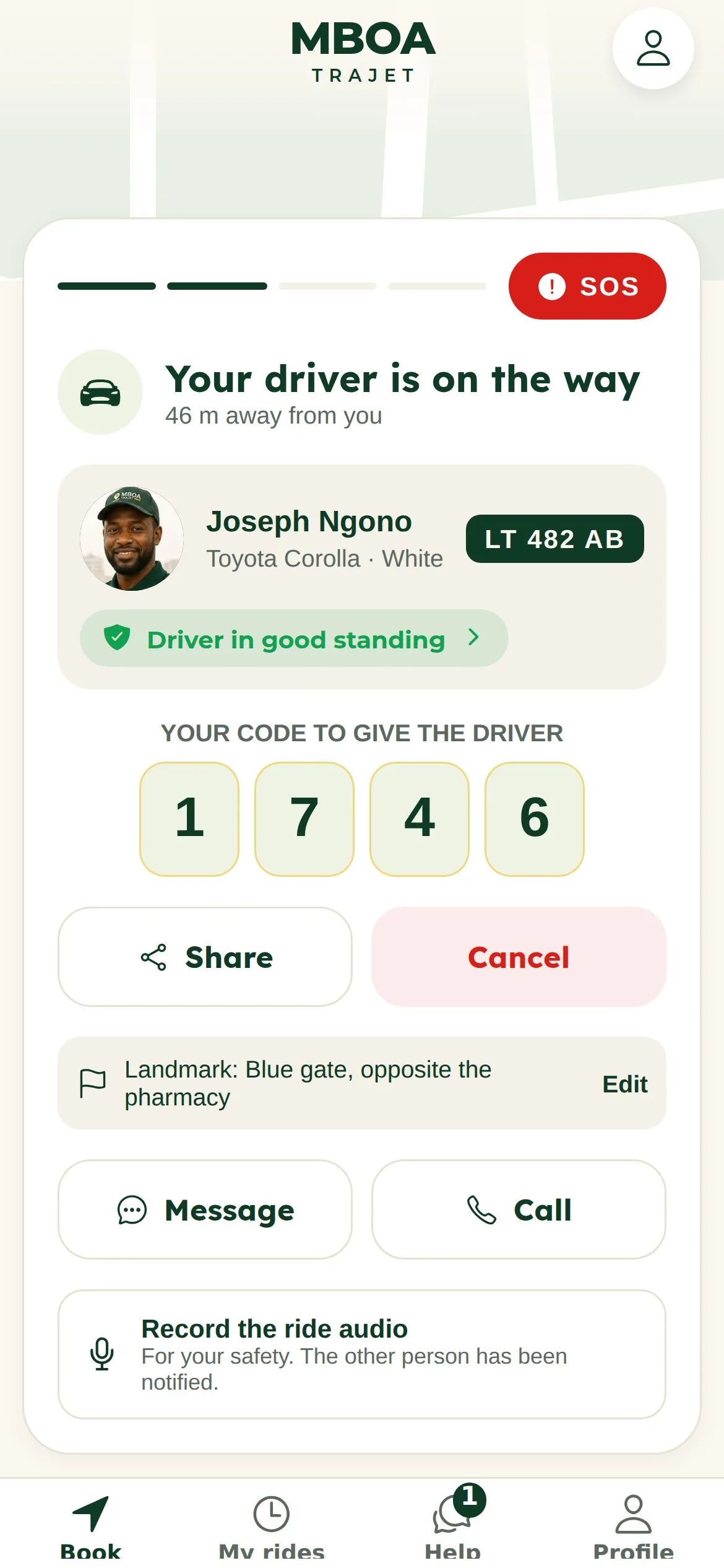 Trip tracking: the driver is on the way, with photo, plate, the 4-digit safety code and the pickup landmark