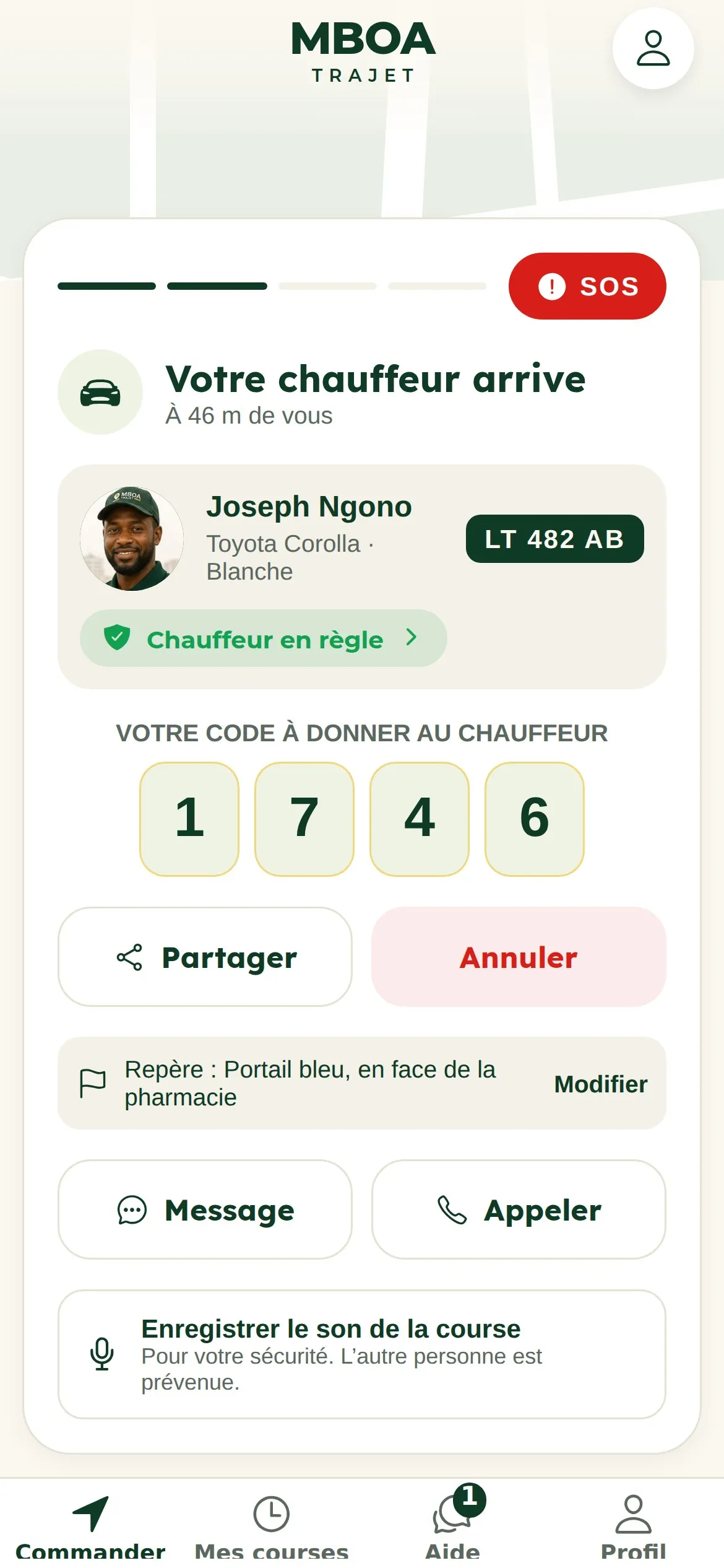 Suivi de la course : le chauffeur arrive, sa photo, sa plaque, le code de sécurité à 4 chiffres et le repère du départ