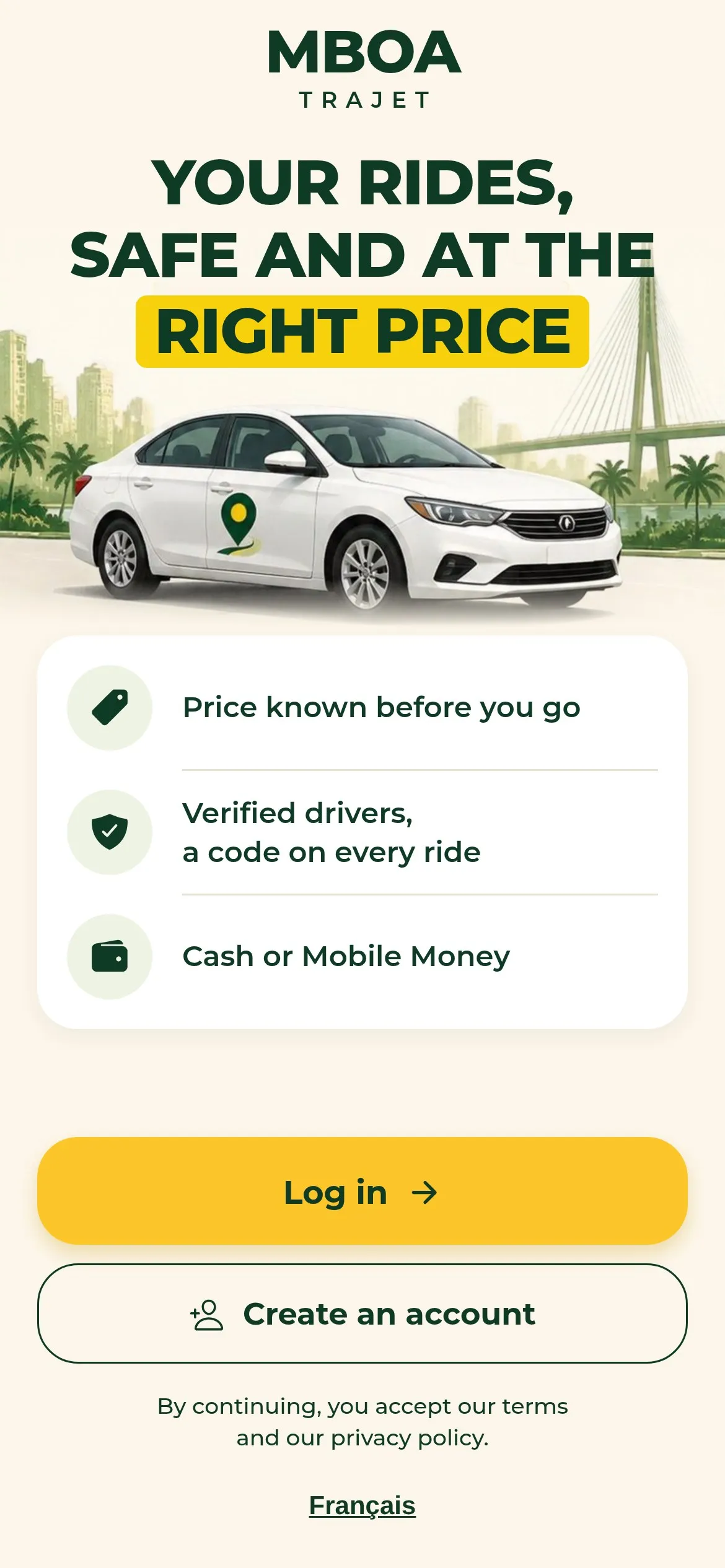 Mboa Trajet app welcome screen: price known before you go, verified drivers, cash or Mobile Money