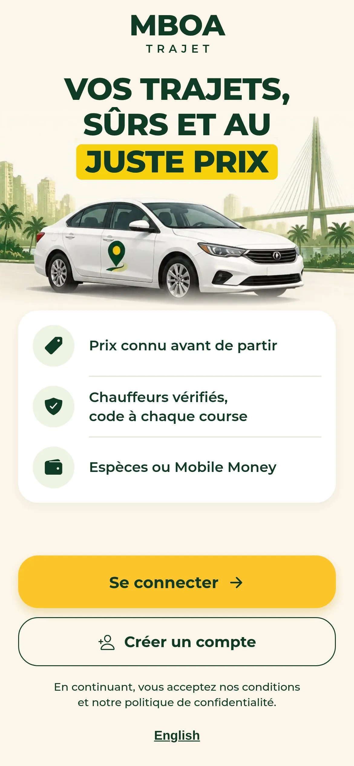 Écran d’accueil de l’application Mboa Trajet : prix connu avant de partir, chauffeurs vérifiés, espèces ou Mobile Money